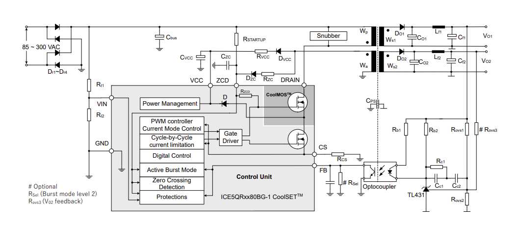 应用电路图 - Infineon Technologies ICE5QRxx80BG-1 CoolSET™转换器